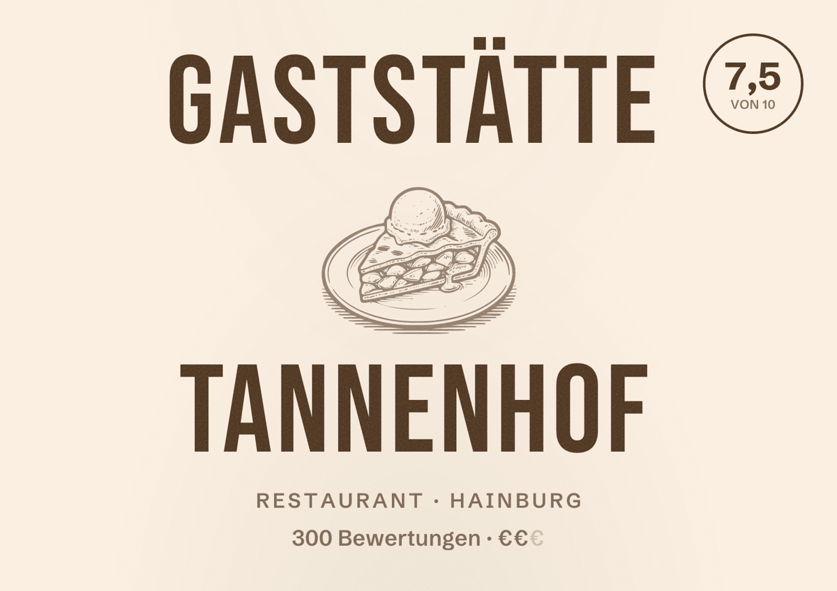 Illustriertes Poster von Gaststätte Tannenhof, Restaurant in Hainburg: Bewertung 7,5 von 10 aus 300 Bewertungen, Preisniveau €€