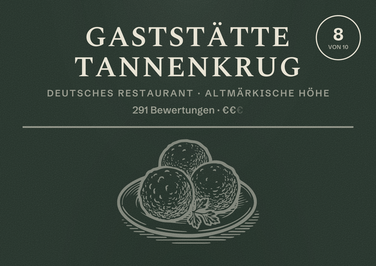 Illustriertes Poster von Gaststätte Tannenkrug, Deutsches Restaurant in Altmärkische Höhe: Bewertung 8 von 10 aus 291 Bewertungen, Preisniveau €€