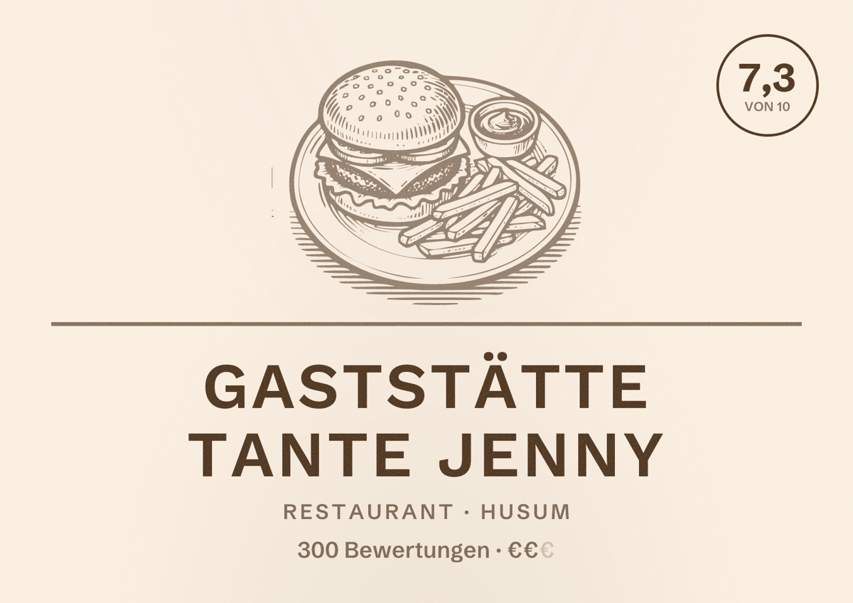 Illustriertes Poster von Gaststätte Tante Jenny, Restaurant in Husum: Bewertung 7,3 von 10 aus 300 Bewertungen, Preisniveau €€