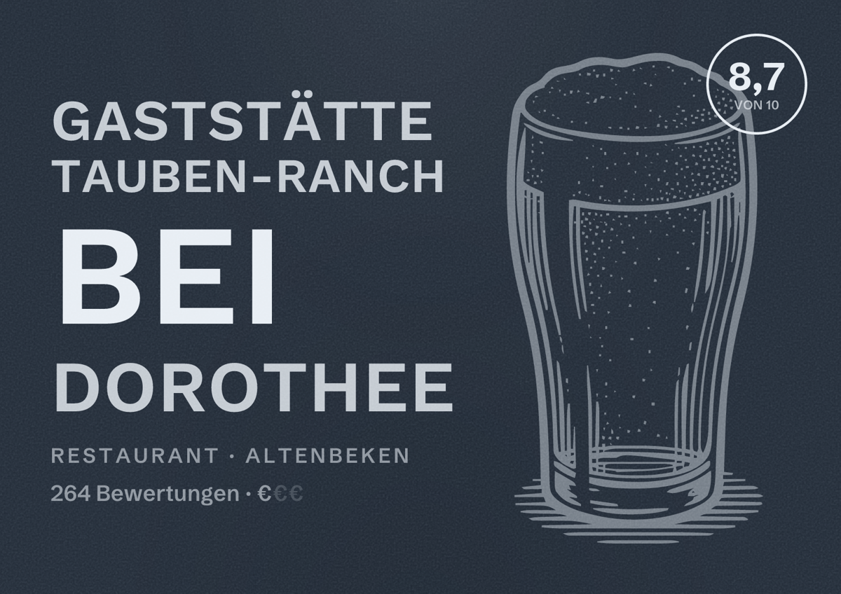 Illustriertes Poster von Gaststätte Tauben-Ranch bei Dorothee, Restaurant in Altenbeken: Bewertung 8,7 von 10 aus 264 Bewertungen, Preisniveau €
