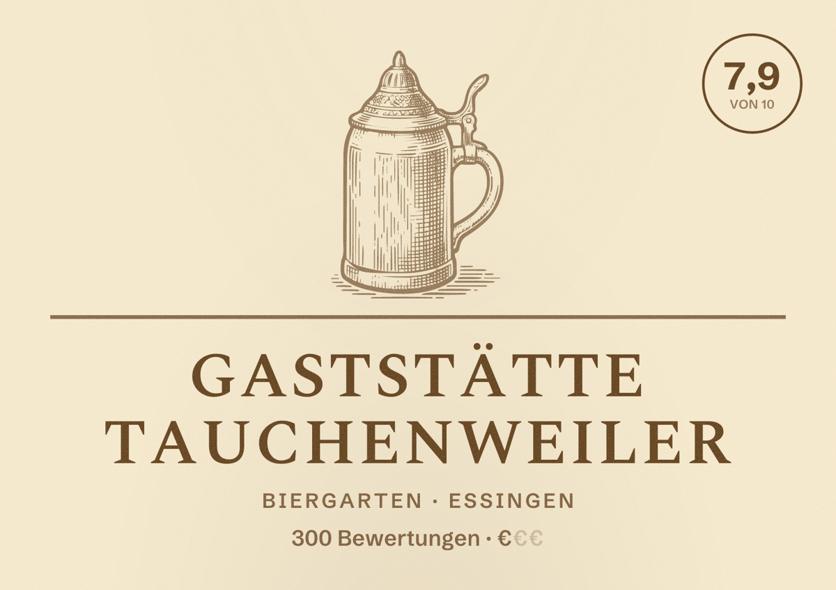 Illustriertes Poster von Gaststätte Tauchenweiler, Biergarten in Essingen: Bewertung 7,9 von 10 aus 300 Bewertungen, Preisniveau €