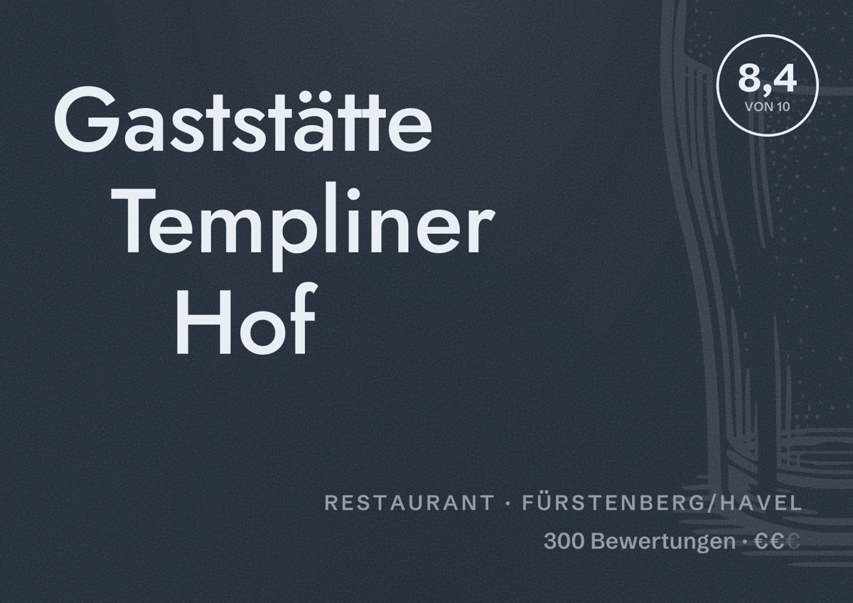 Illustriertes Poster von Gaststätte Templiner Hof, Restaurant in Fürstenberg/Havel: Bewertung 8,4 von 10 aus 300 Bewertungen, Preisniveau €€