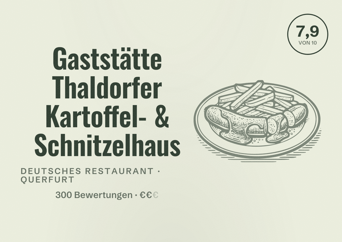 Illustriertes Poster von Gaststätte Thaldorfer Kartoffel- & Schnitzelhaus, Deutsches Restaurant in Querfurt: Bewertung 7,9 von 10 aus 300 Bewertungen, Preisniveau €€