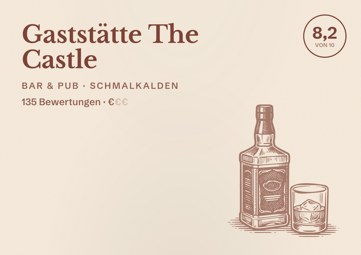 Illustriertes Poster von Gaststätte The Castle, Bar & Pub in Schmalkalden: Bewertung 8,2 von 10 aus 135 Bewertungen, Preisniveau €