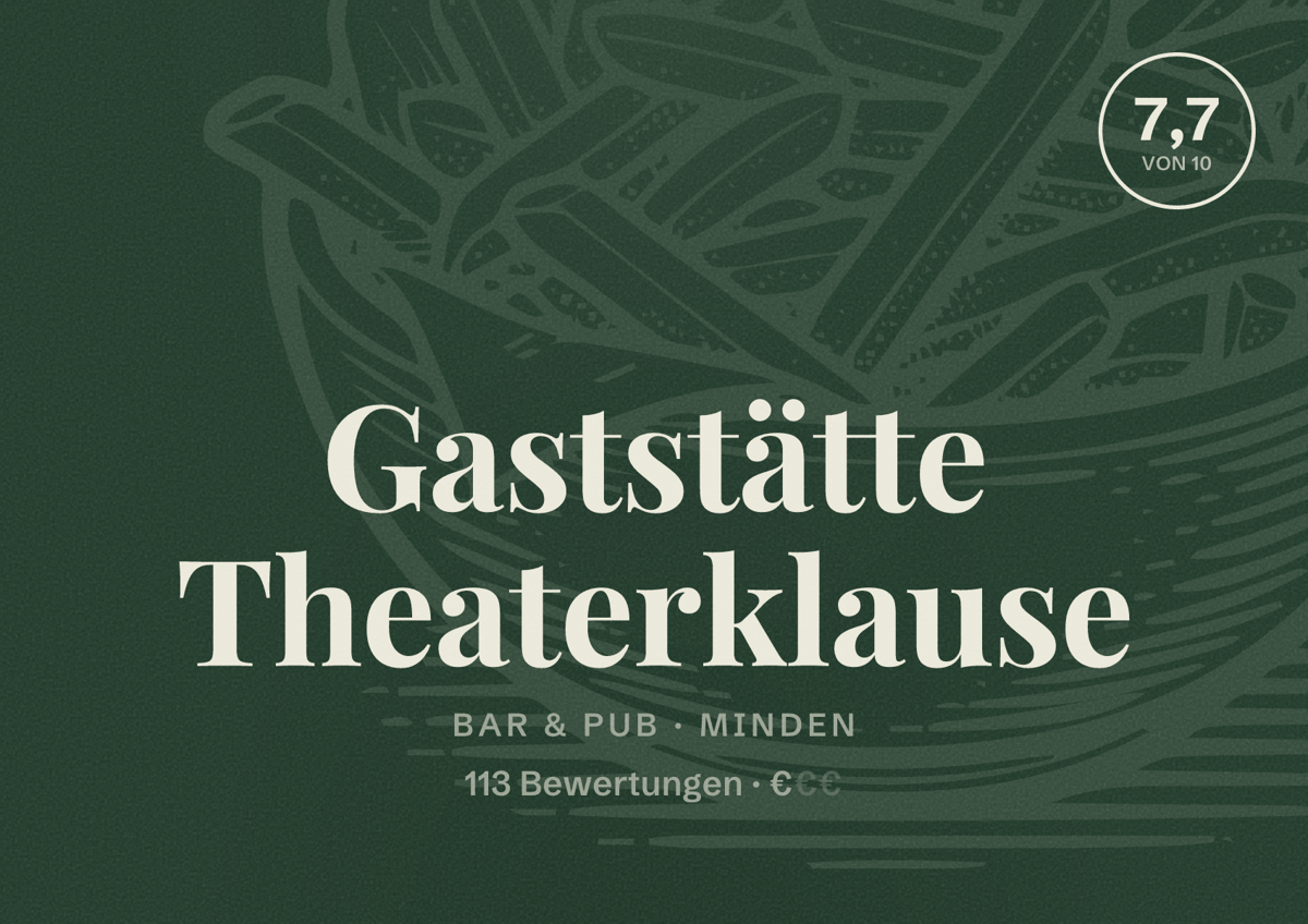 Illustriertes Poster von Gaststätte Theaterklause, Bar & Pub in Minden: Bewertung 7,7 von 10 aus 113 Bewertungen, Preisniveau €