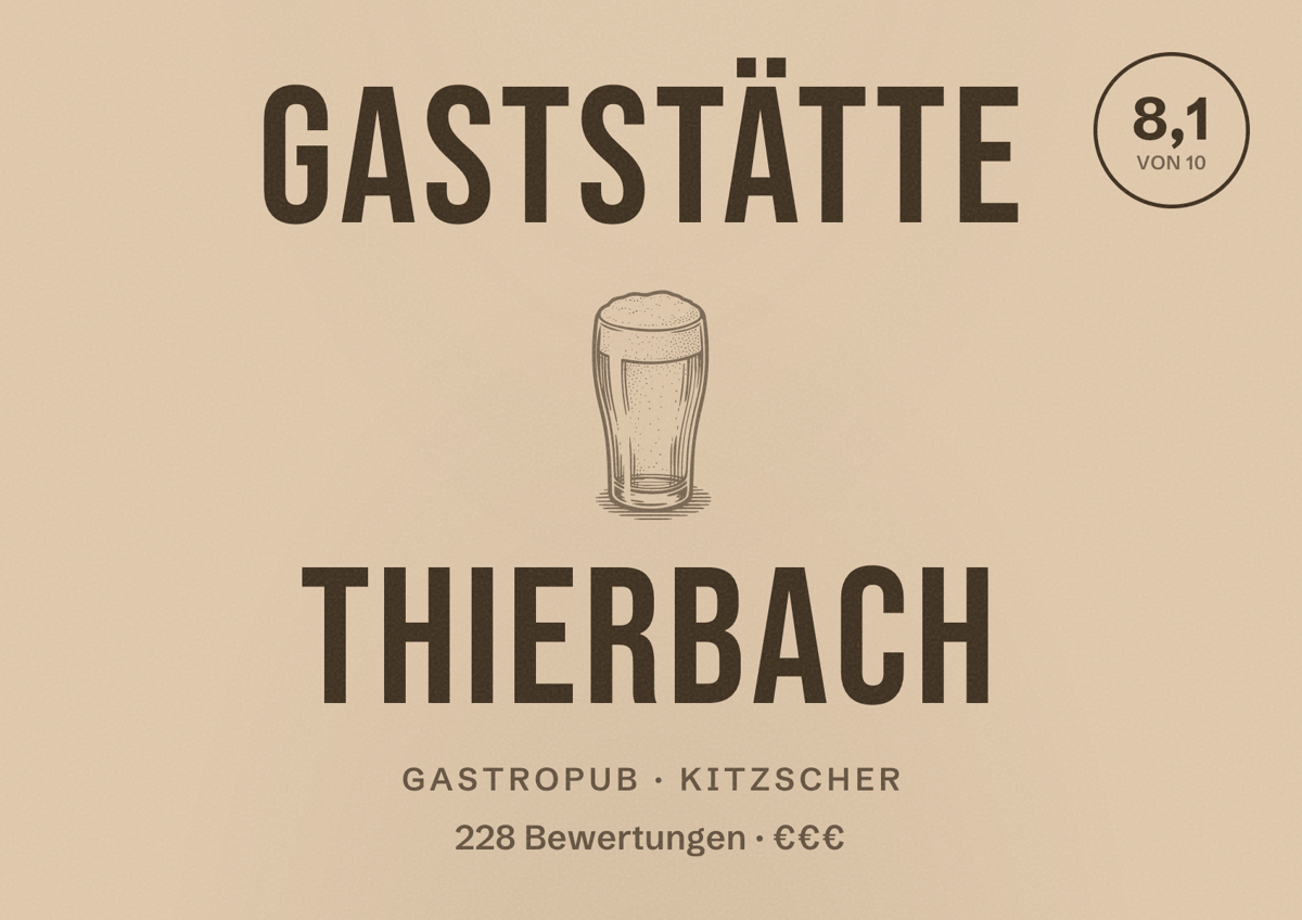 Illustriertes Poster von Gaststätte Thierbach, Gastropub in Kitzscher: Bewertung 8,1 von 10 aus 228 Bewertungen, Preisniveau €€€