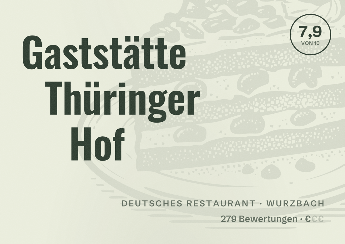 Illustriertes Poster von Gaststätte Thüringer Hof, Deutsches Restaurant in Wurzbach: Bewertung 7,9 von 10 aus 279 Bewertungen, Preisniveau €