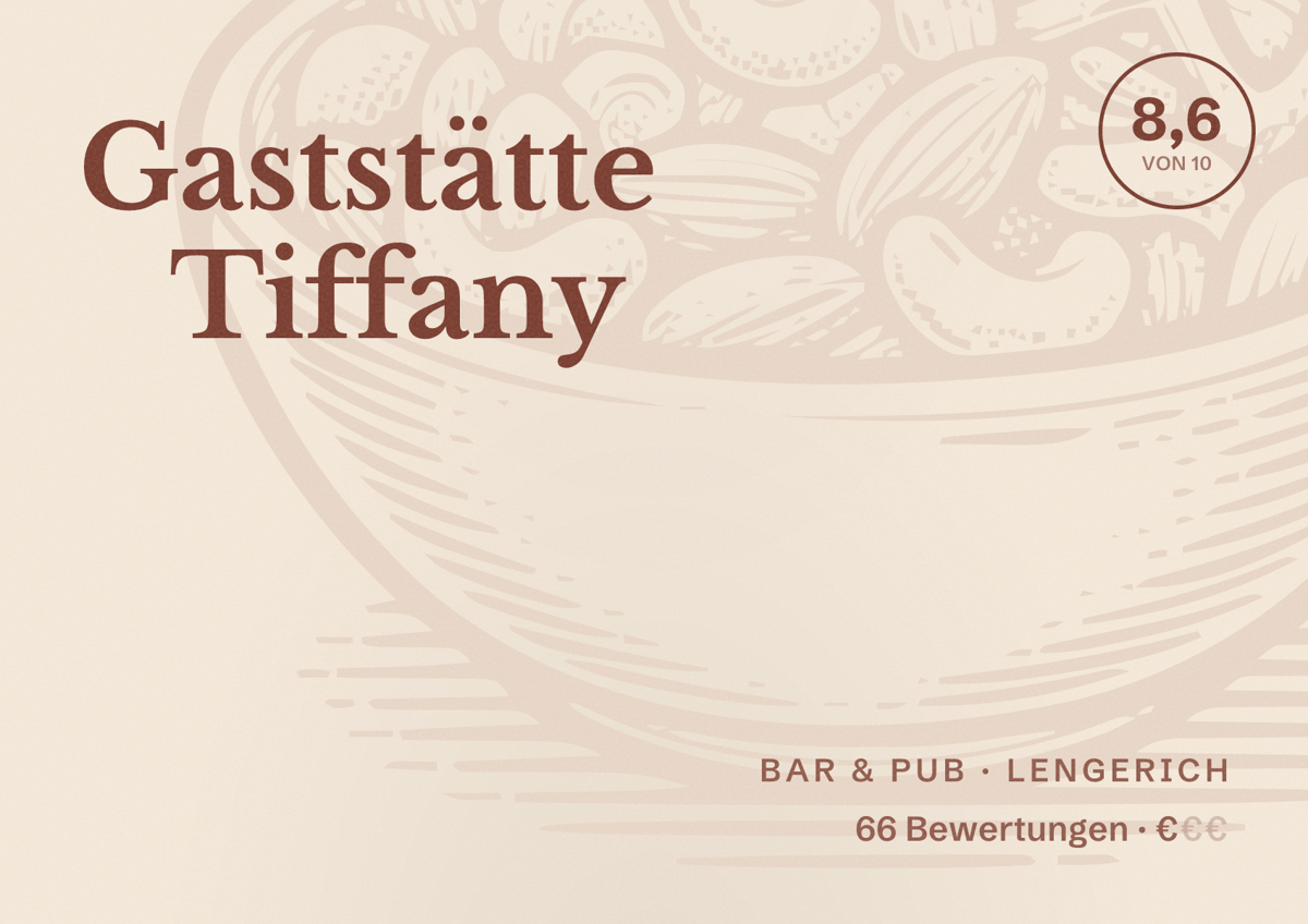 Illustriertes Poster von Gaststätte Tiffany, Bar & Pub in Lengerich: Bewertung 8,6 von 10 aus 66 Bewertungen, Preisniveau €