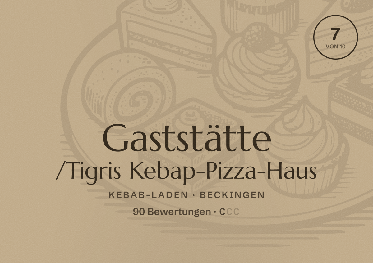 Illustriertes Poster von Gaststätte /Tigris Kebap-Pizza-Haus, Kebab-Laden in Beckingen: Bewertung 7 von 10 aus 90 Bewertungen, Preisniveau €