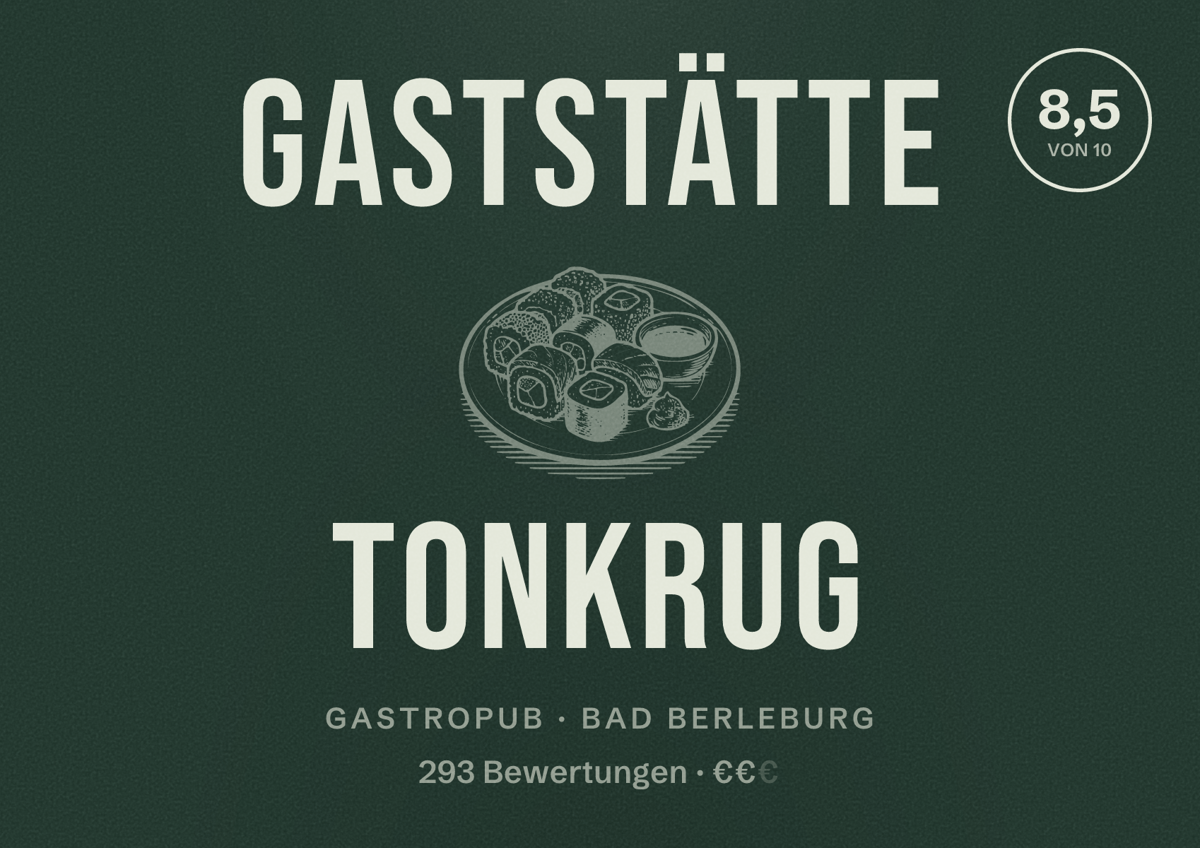 Illustriertes Poster von Gaststätte Tonkrug, Gastropub in Bad Berleburg: Bewertung 8,5 von 10 aus 293 Bewertungen, Preisniveau €€