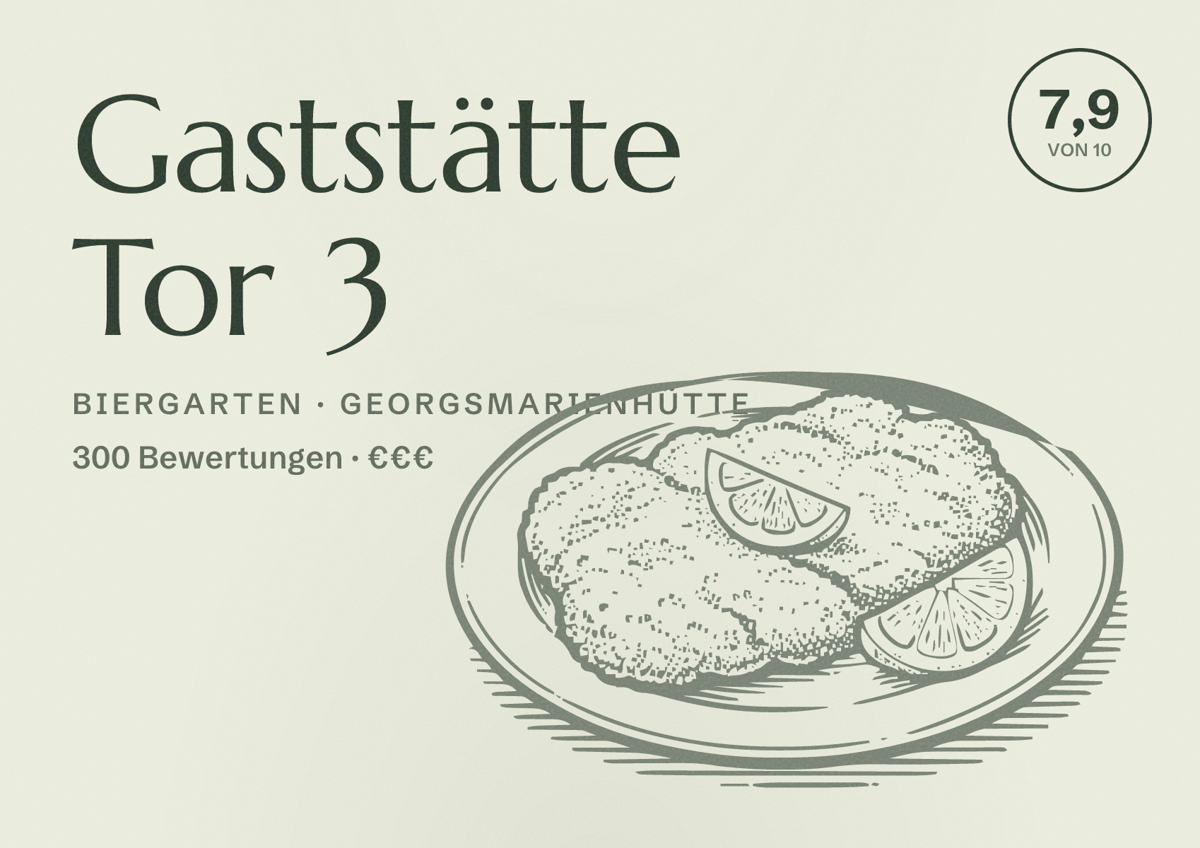 Illustriertes Poster von Gaststätte Tor 3, Biergarten in Georgsmarienhütte: Bewertung 7,9 von 10 aus 300 Bewertungen, Preisniveau €€€