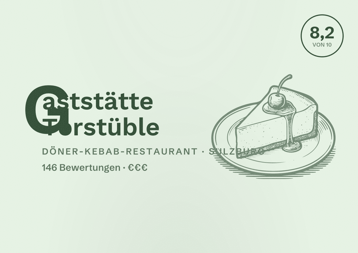 Illustriertes Poster von Gaststätte Torstüble, Döner-Kebab-Restaurant in Sulzburg: Bewertung 8,2 von 10 aus 146 Bewertungen, Preisniveau €€€