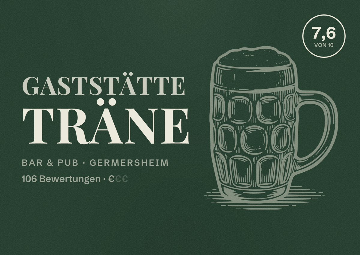 Illustriertes Poster von Gaststätte Träne, Bar & Pub in Germersheim: Bewertung 7,6 von 10 aus 106 Bewertungen, Preisniveau €