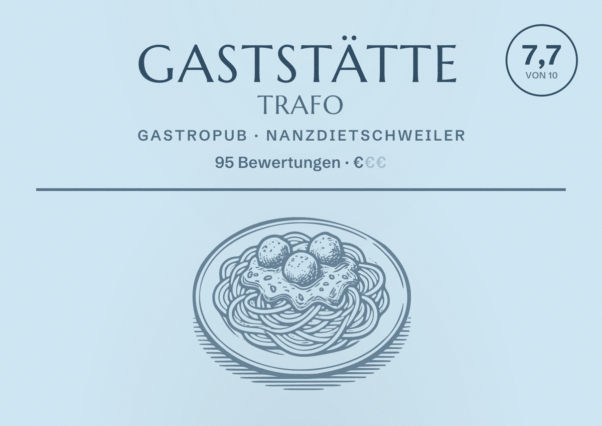 Illustriertes Poster von Gaststätte Trafo, Gastropub in Nanzdietschweiler: Bewertung 7,7 von 10 aus 95 Bewertungen, Preisniveau €