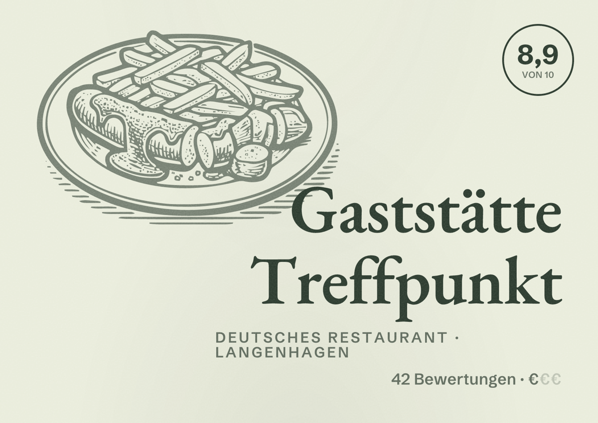 Illustriertes Poster von Gaststätte Treffpunkt, Deutsches Restaurant in Langenhagen: Bewertung 8,9 von 10 aus 42 Bewertungen, Preisniveau €