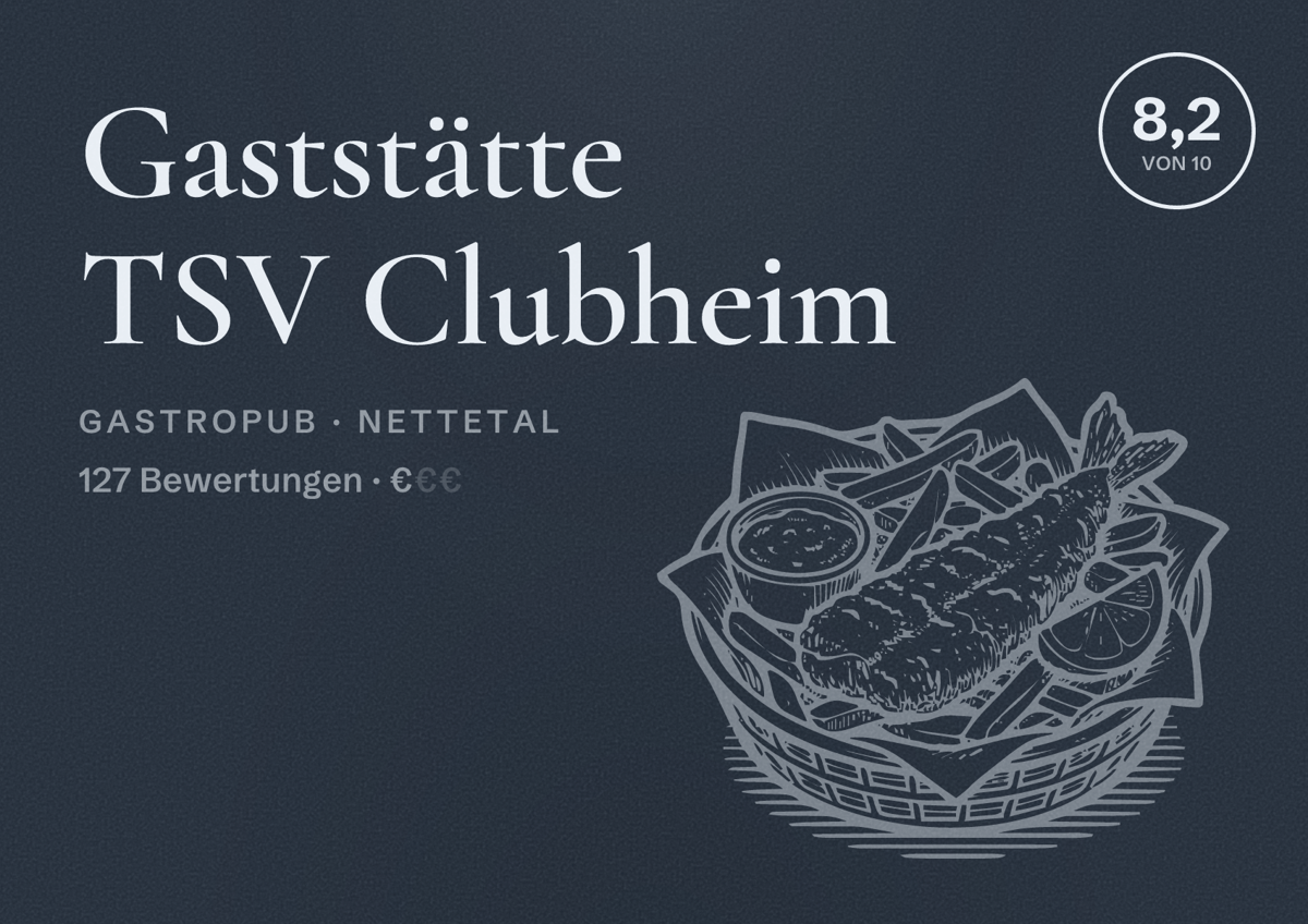 Illustriertes Poster von Gaststätte TSV Clubheim, Gastropub in Nettetal: Bewertung 8,2 von 10 aus 127 Bewertungen, Preisniveau €
