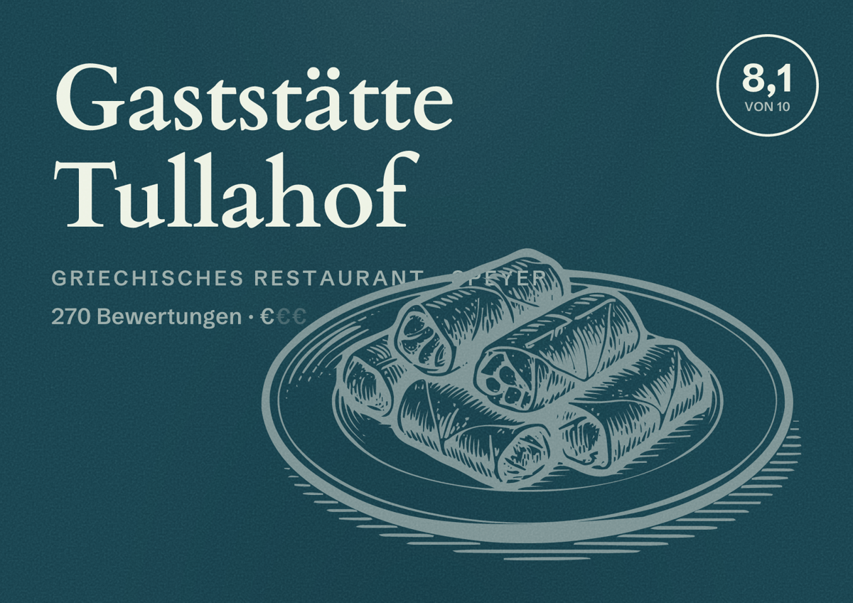 Illustriertes Poster von Gaststätte Tullahof, Griechisches Restaurant in Speyer: Bewertung 8,1 von 10 aus 270 Bewertungen, Preisniveau €