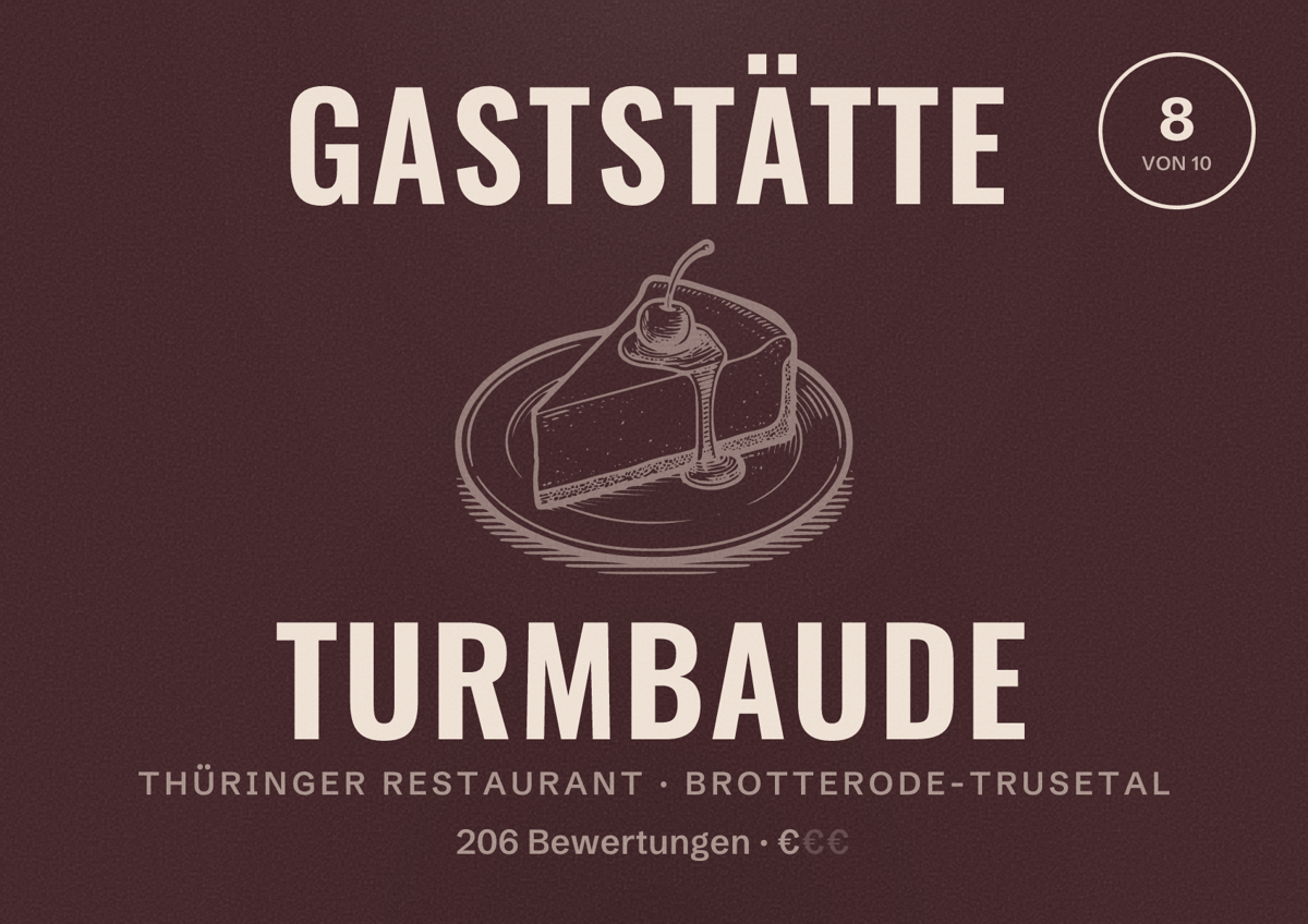 Illustriertes Poster von Gaststätte Turmbaude, Thüringer Restaurant in Brotterode-Trusetal: Bewertung 8 von 10 aus 206 Bewertungen, Preisniveau €