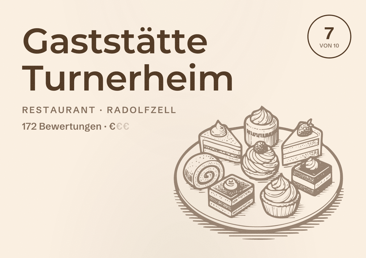 Illustriertes Poster von Gaststätte Turnerheim, Restaurant in Radolfzell: Bewertung 7 von 10 aus 172 Bewertungen, Preisniveau €