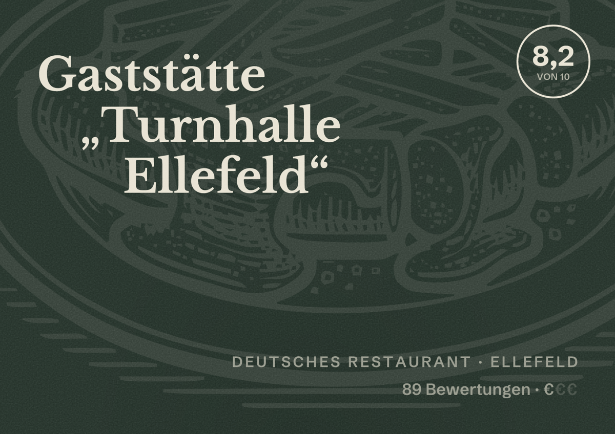 Illustriertes Poster von Gaststätte „Turnhalle Ellefeld“, Deutsches Restaurant in Ellefeld: Bewertung 8,2 von 10 aus 89 Bewertungen, Preisniveau €