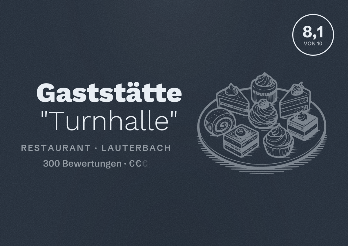 Illustriertes Poster von Gaststätte "Turnhalle", Restaurant in Lauterbach: Bewertung 8,1 von 10 aus 300 Bewertungen, Preisniveau €€