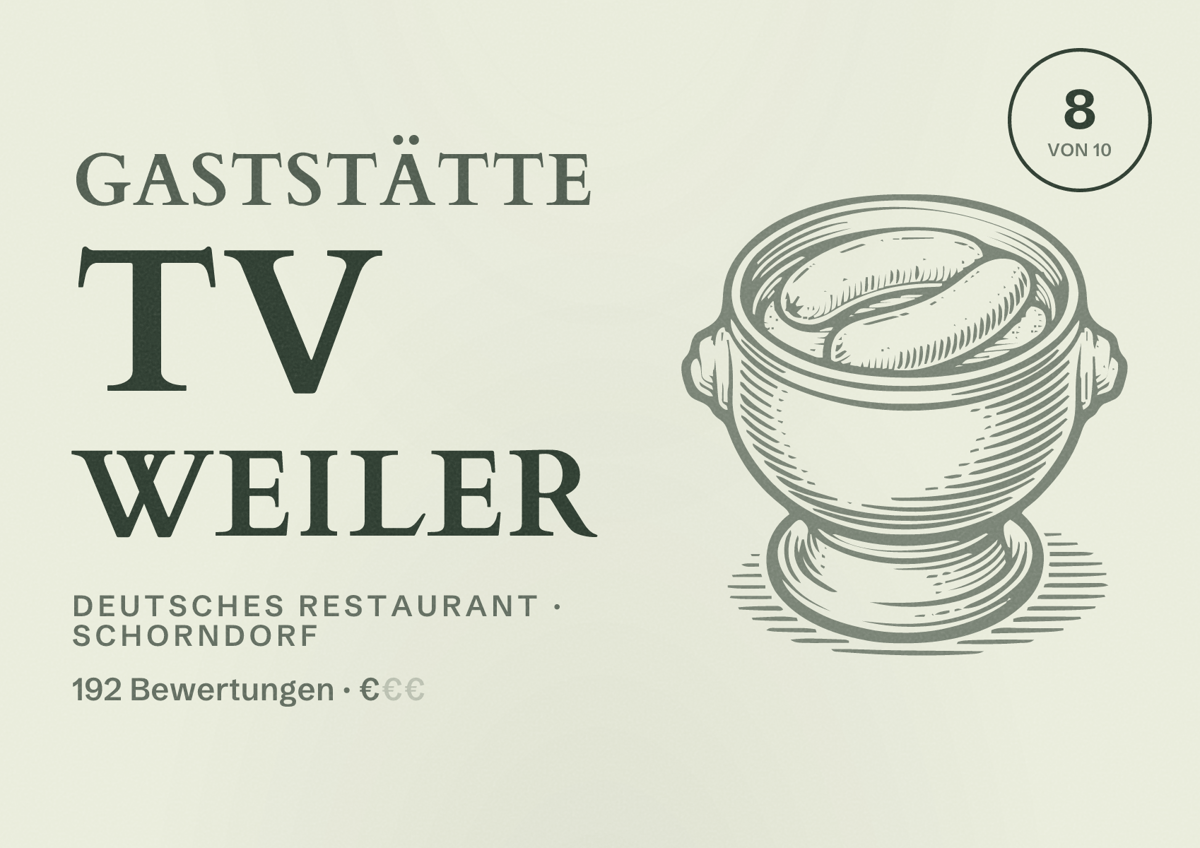 Illustriertes Poster von Gaststätte TV Weiler, Deutsches Restaurant in Schorndorf: Bewertung 8 von 10 aus 192 Bewertungen, Preisniveau €