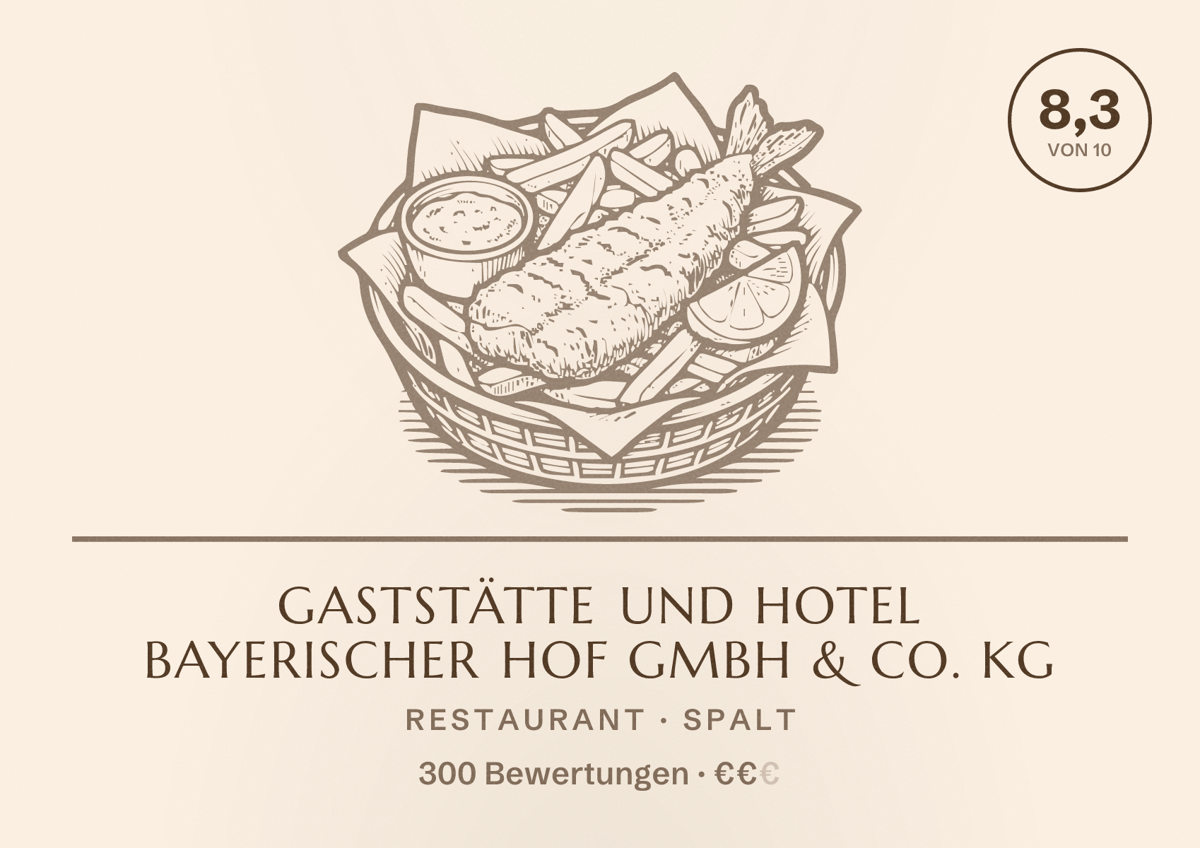 Illustriertes Poster von Gaststätte und Hotel Bayerischer Hof GmbH & Co. KG, Restaurant in Spalt: Bewertung 8,3 von 10 aus 300 Bewertungen, Preisniveau €€