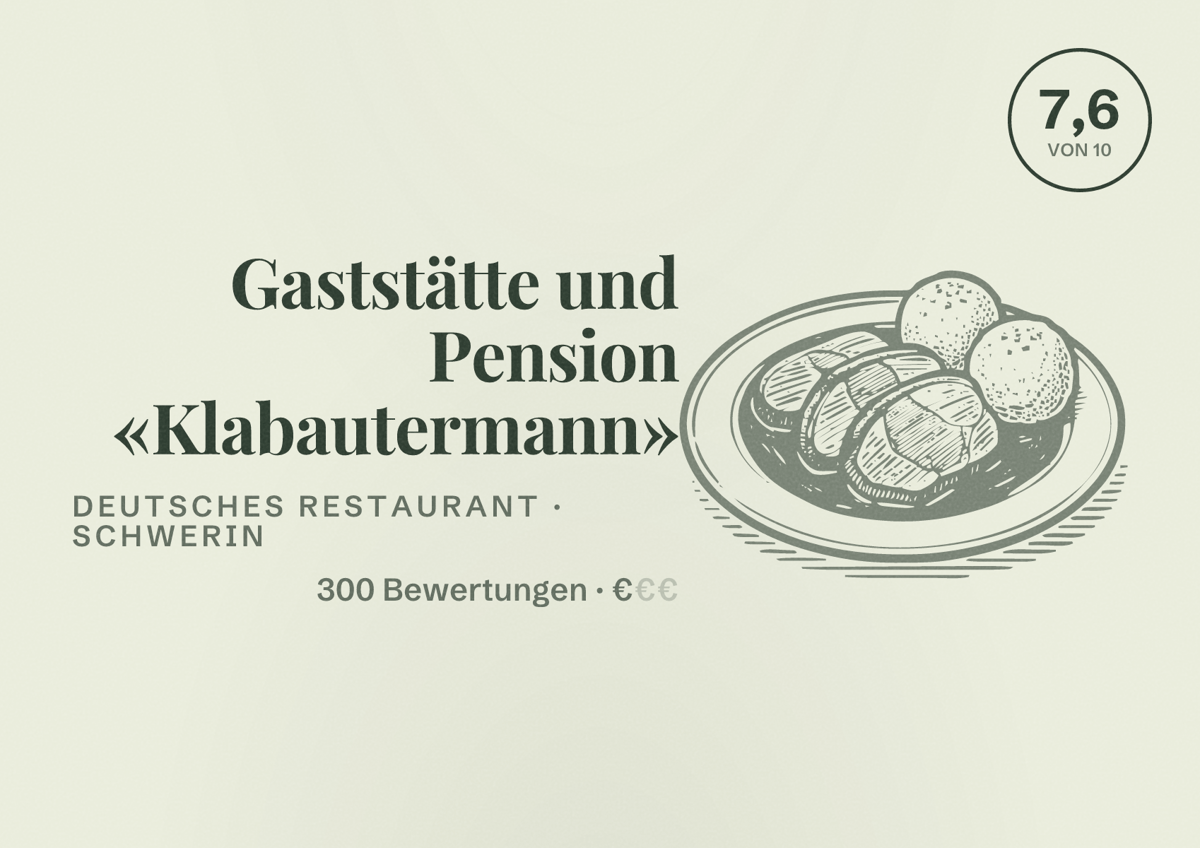Illustriertes Poster von Gaststätte und Pension «Klabautermann», Deutsches Restaurant in Schwerin: Bewertung 7,6 von 10 aus 300 Bewertungen, Preisniveau €