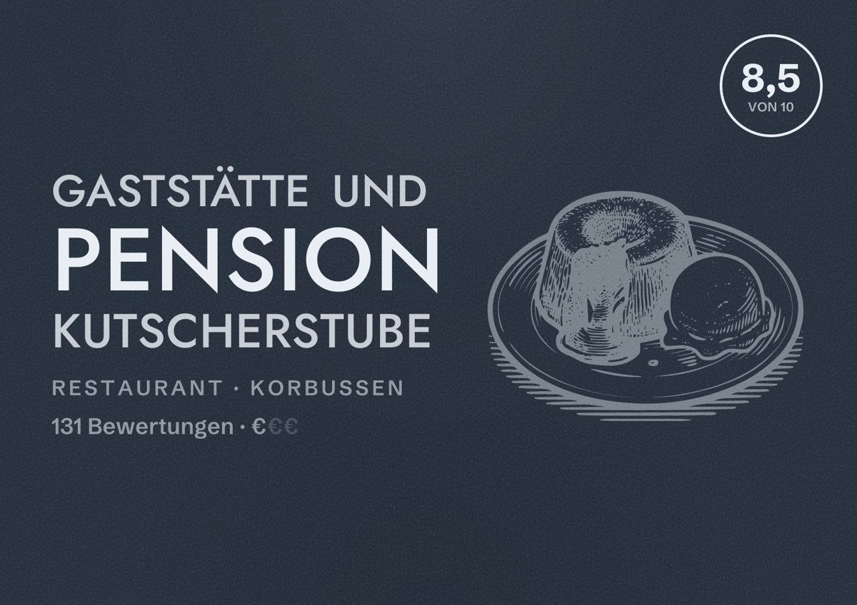 Illustriertes Poster von Gaststätte und Pension Kutscherstube, Restaurant in Korbußen: Bewertung 8,5 von 10 aus 131 Bewertungen, Preisniveau €