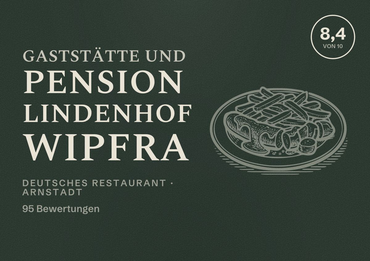 Illustriertes Poster von Gaststätte und Pension Lindenhof Wipfra, Deutsches Restaurant in Arnstadt: Bewertung 8,4 von 10 aus 95 Bewertungen