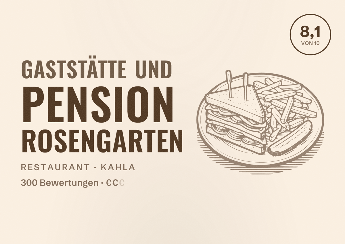 Illustriertes Poster von Gaststätte und Pension ROSENGARTEN, Restaurant in Kahla: Bewertung 8,1 von 10 aus 300 Bewertungen, Preisniveau €€