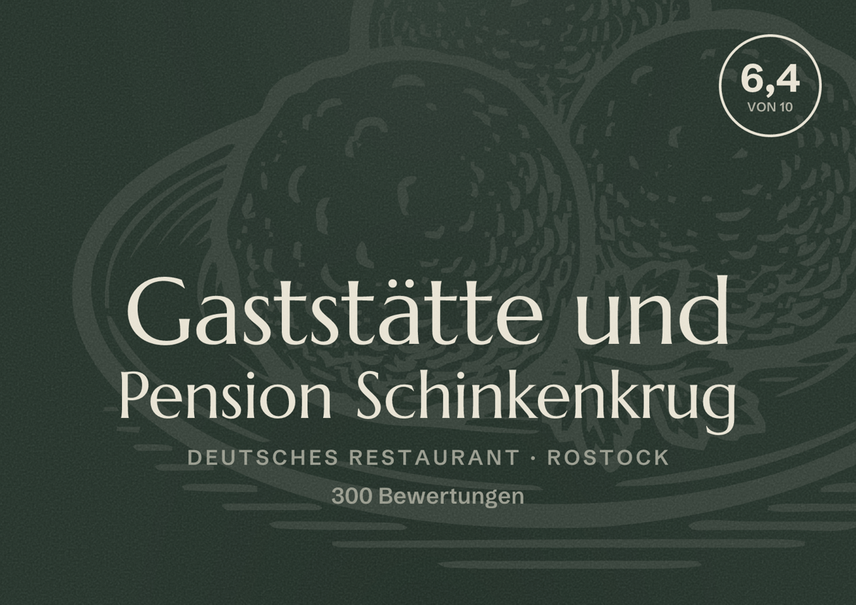 Illustriertes Poster von Gaststätte und Pension Schinkenkrug, Deutsches Restaurant in Rostock: Bewertung 6,4 von 10 aus 300 Bewertungen