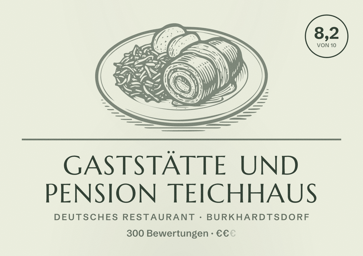 Illustriertes Poster von Gaststätte und Pension Teichhaus, Deutsches Restaurant in Burkhardtsdorf: Bewertung 8,2 von 10 aus 300 Bewertungen, Preisniveau €€