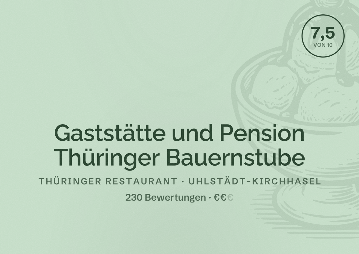 Illustriertes Poster von Gaststätte und Pension Thüringer Bauernstube, Thüringer Restaurant in Uhlstädt-Kirchhasel: Bewertung 7,5 von 10 aus 230 Bewertungen, Preisniveau €€
