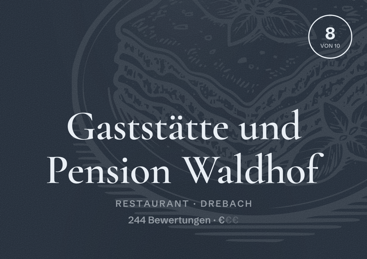 Illustriertes Poster von Gaststätte und Pension Waldhof, Restaurant in Drebach: Bewertung 8 von 10 aus 244 Bewertungen, Preisniveau €