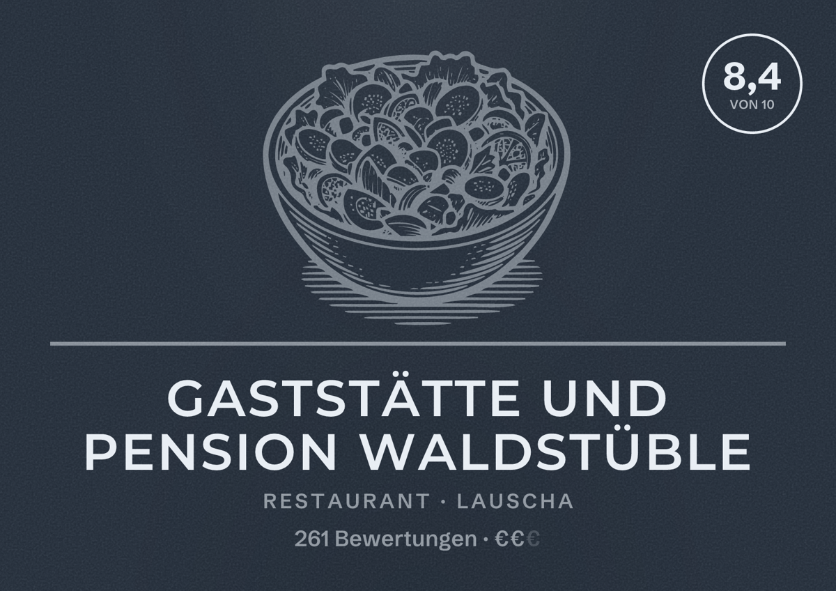 Illustriertes Poster von Gaststätte und Pension Waldstüble, Restaurant in Lauscha: Bewertung 8,4 von 10 aus 261 Bewertungen, Preisniveau €€