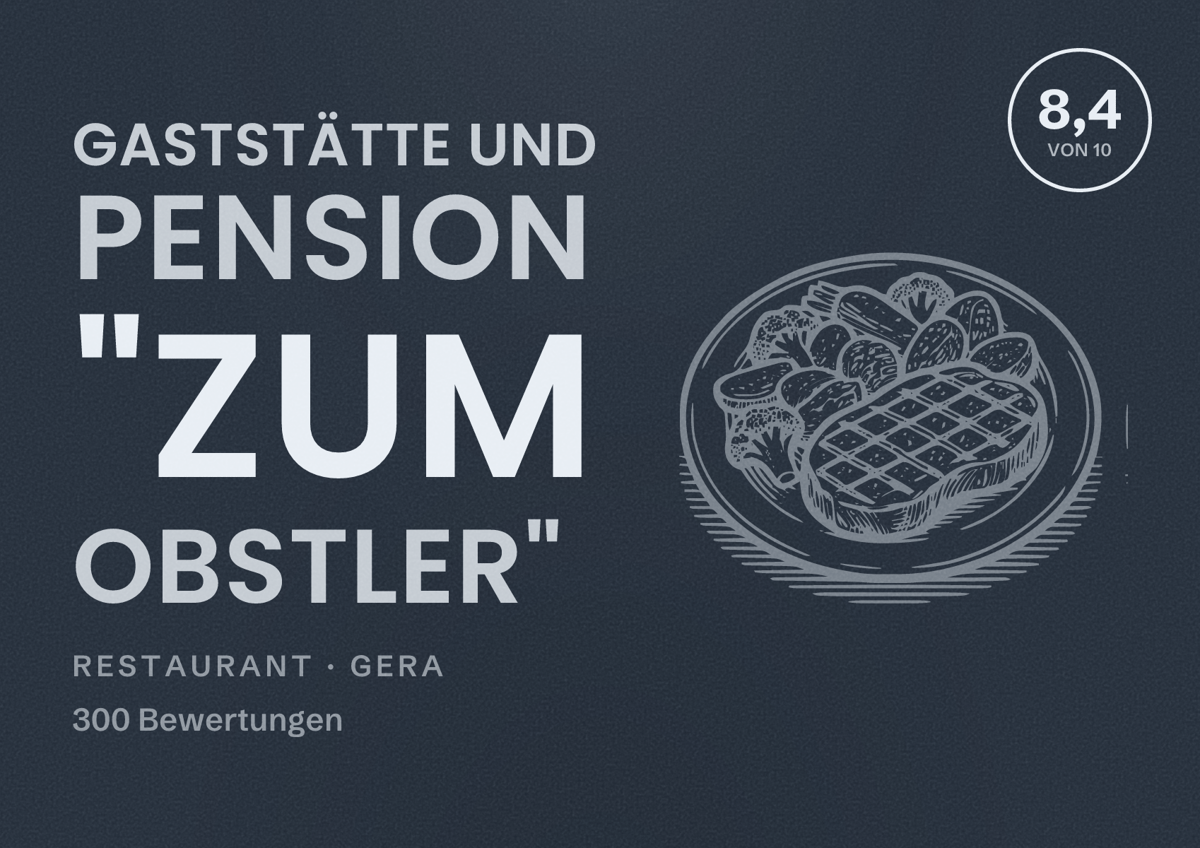 Illustriertes Poster von Gaststätte und Pension "Zum Obstler", Restaurant in Gera: Bewertung 8,4 von 10 aus 300 Bewertungen
