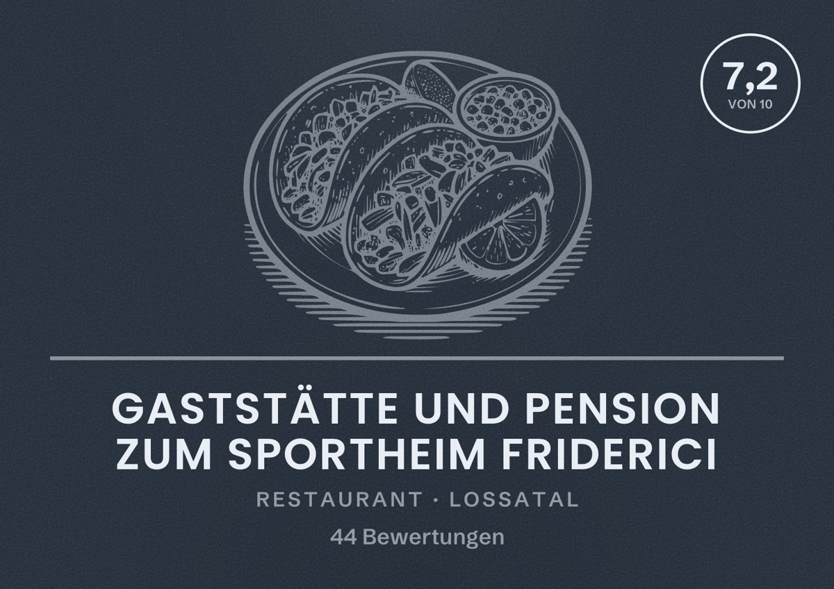 Illustriertes Poster von Gaststätte und Pension zum Sportheim Friderici, Restaurant in Lossatal: Bewertung 7,2 von 10 aus 44 Bewertungen
