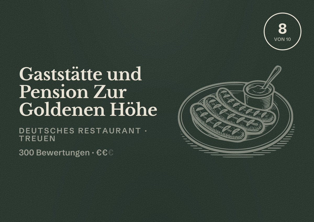 Illustriertes Poster von Gaststätte und Pension Zur Goldenen Höhe, Deutsches Restaurant in Treuen: Bewertung 8 von 10 aus 300 Bewertungen, Preisniveau €€