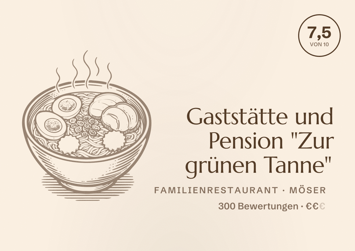 Illustriertes Poster von Gaststätte und Pension "Zur grünen Tanne", Familienrestaurant in Möser: Bewertung 7,5 von 10 aus 300 Bewertungen, Preisniveau €€