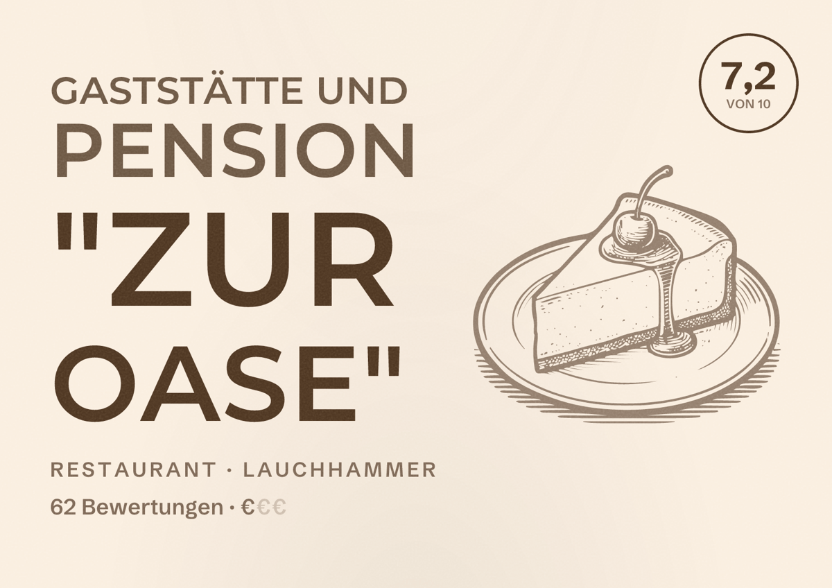 Illustriertes Poster von Gaststätte und Pension "Zur Oase", Restaurant in Lauchhammer: Bewertung 7,2 von 10 aus 62 Bewertungen, Preisniveau €
