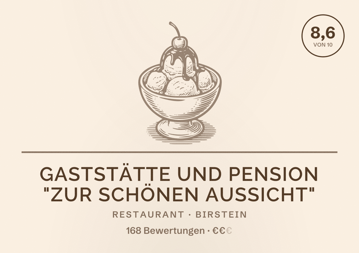 Illustriertes Poster von Gaststätte und Pension "Zur schönen Aussicht", Restaurant in Birstein: Bewertung 8,6 von 10 aus 168 Bewertungen, Preisniveau €€