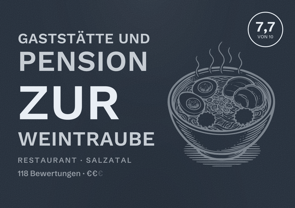 Illustriertes Poster von Gaststätte und Pension Zur Weintraube, Restaurant in Salzatal: Bewertung 7,7 von 10 aus 118 Bewertungen, Preisniveau €€