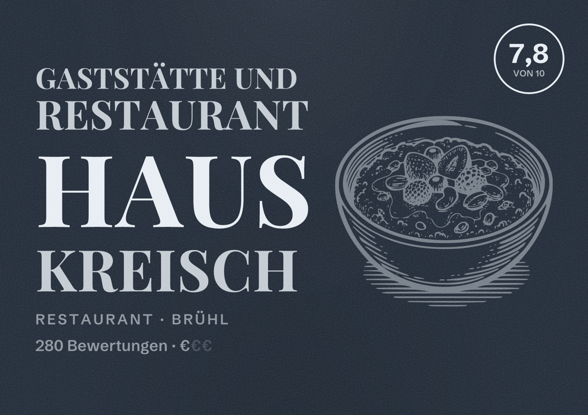 Illustriertes Poster von Gaststätte und Restaurant Haus Kreisch, Restaurant in Brühl: Bewertung 7,8 von 10 aus 280 Bewertungen, Preisniveau €