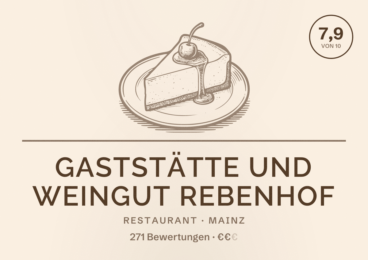 Illustriertes Poster von Gaststätte und Weingut Rebenhof, Restaurant in Mainz: Bewertung 7,9 von 10 aus 271 Bewertungen, Preisniveau €€