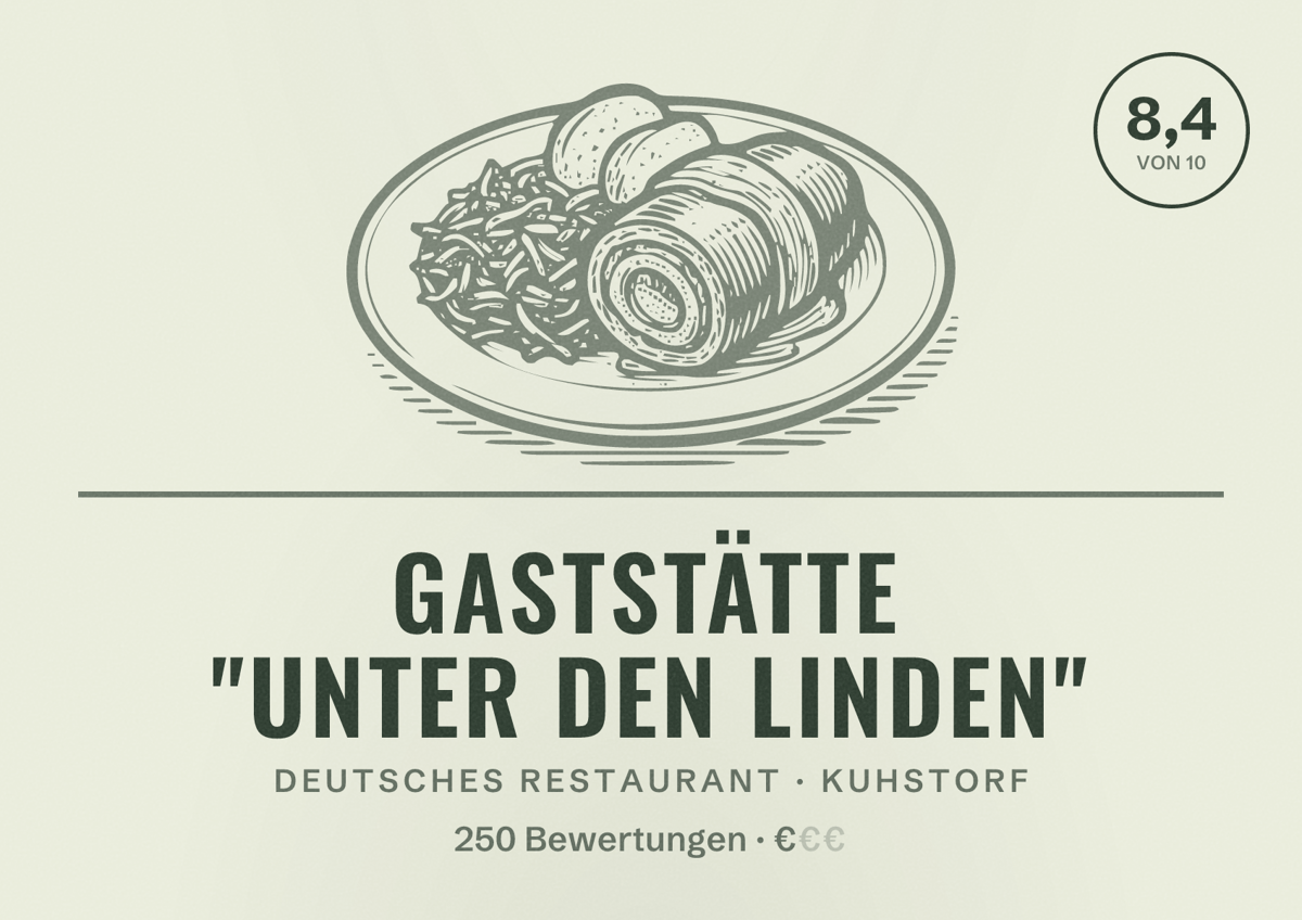 Illustriertes Poster von Gaststätte "Unter den Linden", Deutsches Restaurant in Kuhstorf: Bewertung 8,4 von 10 aus 250 Bewertungen, Preisniveau €