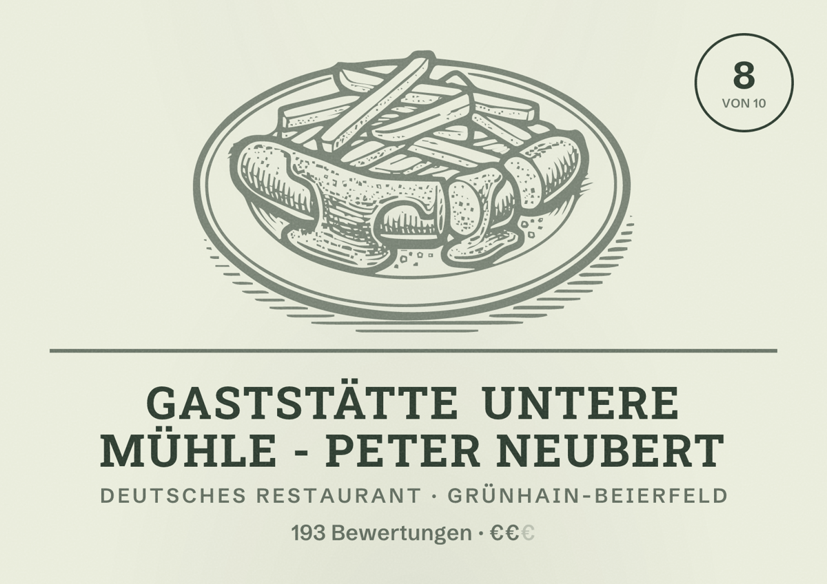 Illustriertes Poster von Gaststätte Untere Mühle - Peter Neubert, Deutsches Restaurant in Grünhain-Beierfeld: Bewertung 8 von 10 aus 193 Bewertungen, Preisniveau €€