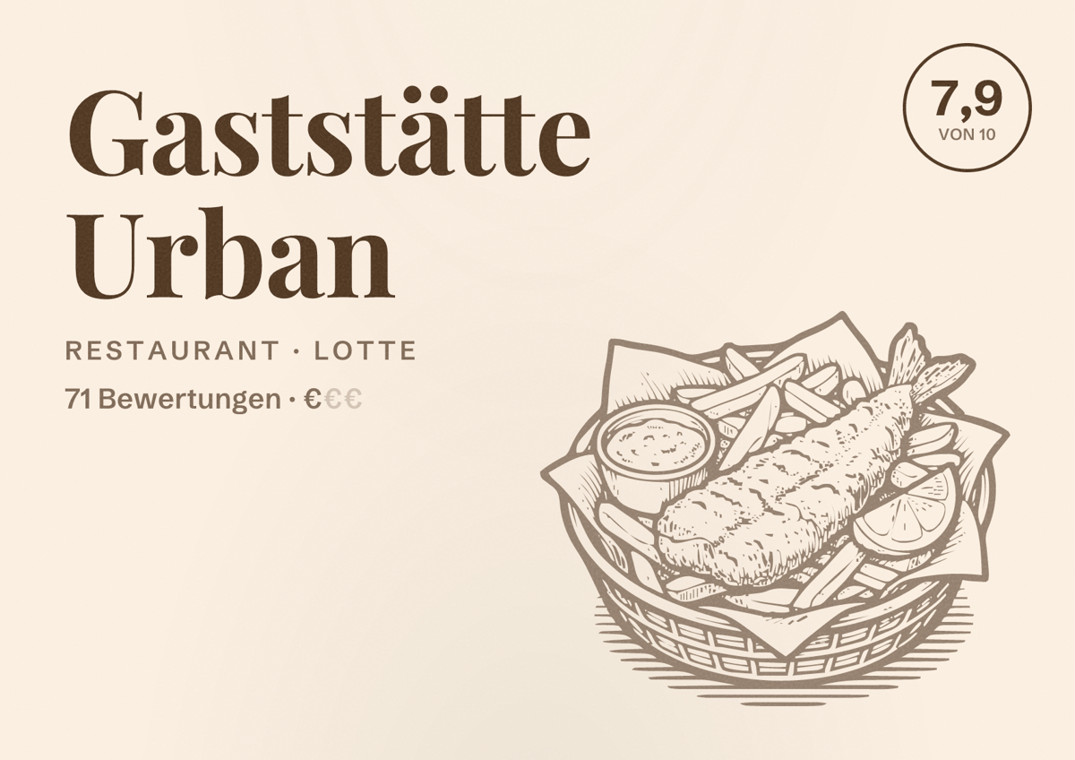Illustriertes Poster von Gaststätte Urban, Restaurant in Lotte: Bewertung 7,9 von 10 aus 71 Bewertungen, Preisniveau €