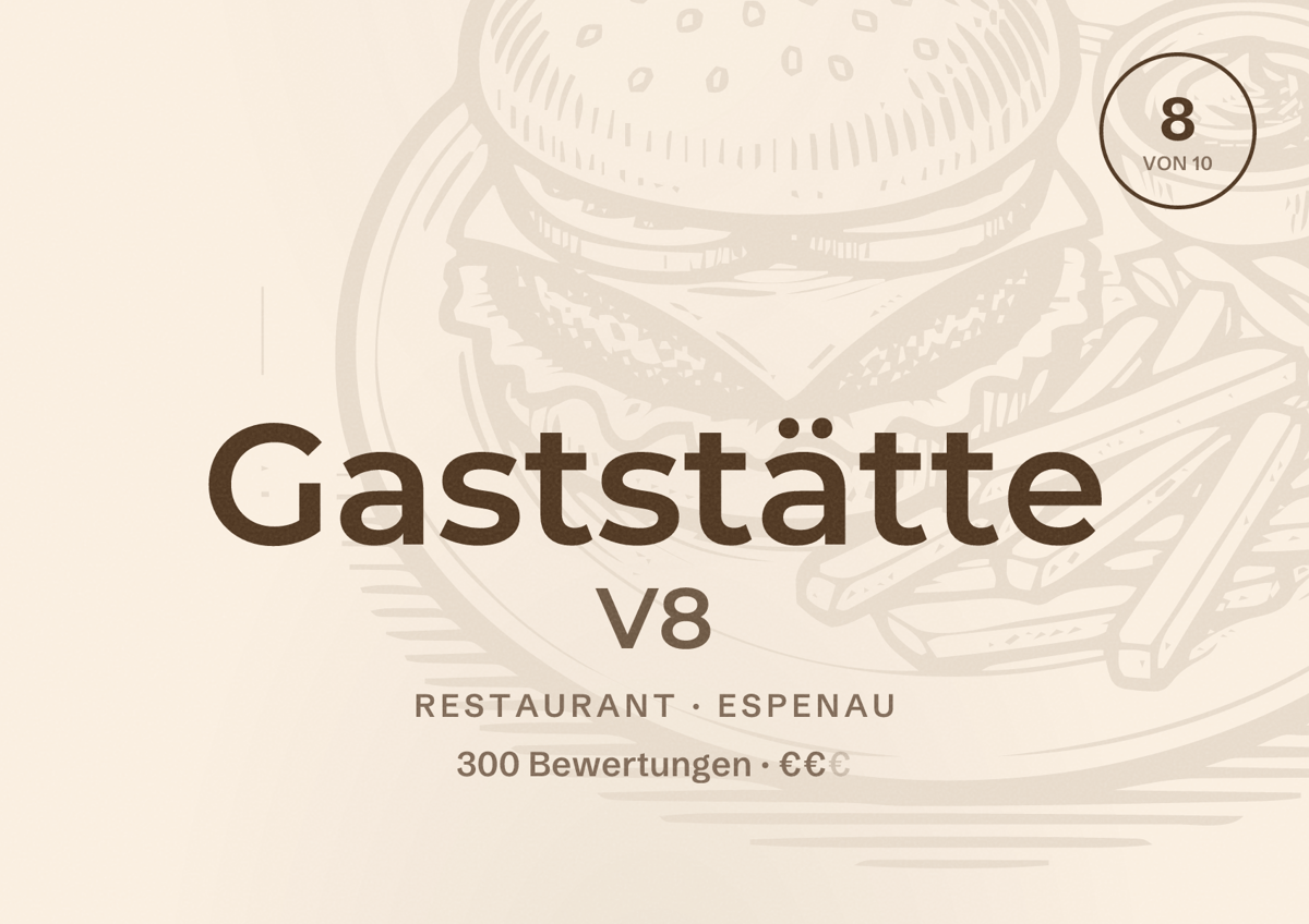 Illustriertes Poster von Gaststätte V8, Restaurant in Espenau: Bewertung 8 von 10 aus 300 Bewertungen, Preisniveau €€