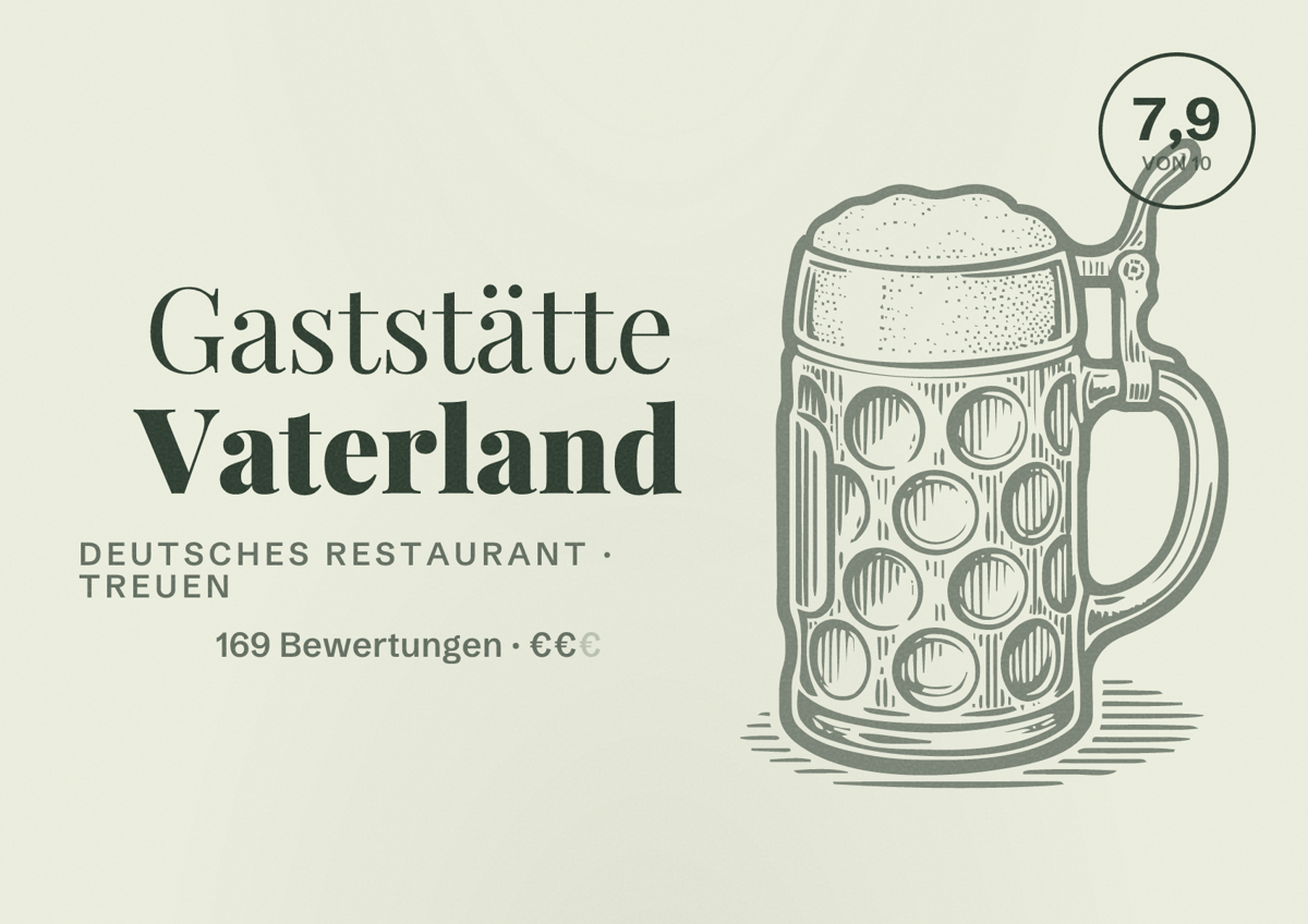 Illustriertes Poster von Gaststätte Vaterland, Deutsches Restaurant in Treuen: Bewertung 7,9 von 10 aus 169 Bewertungen, Preisniveau €€